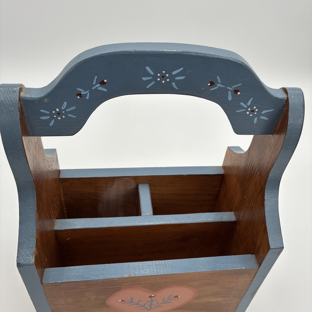 Vtg Hand Painted Wooden Caddy Folk Art Heart Duck Country craft Organizer Blue - Picture 10 of 15